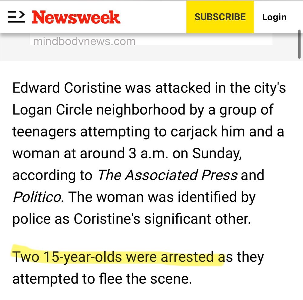Clipping from Newsweek story describing the incident. Text is highlighted reading: “Two 15-year-olds were arrested.”