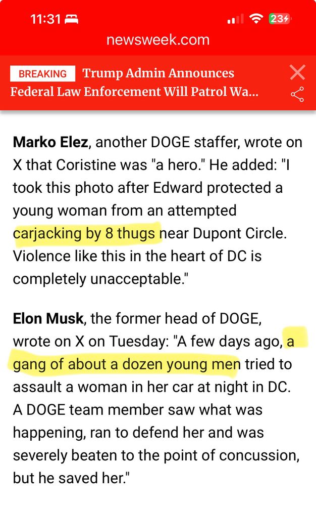 Clipping from Newsweek story describing the incident. Text is highlighted from tweets from Marko Elez and Elon Musk, including the lines: “carjacking by 8 thugs” and “a gang of about a dozen young men.”