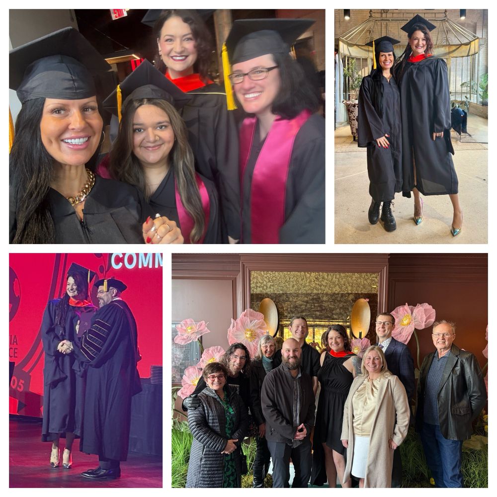 A collage of photos of backstage at graduation for SANS Technology Institute class of 2024. Photos of Melissa with friends and family at a restaurant. Photo of Melissa receiving her degree from the SANS Technology Institute president Ed Skoudis. 