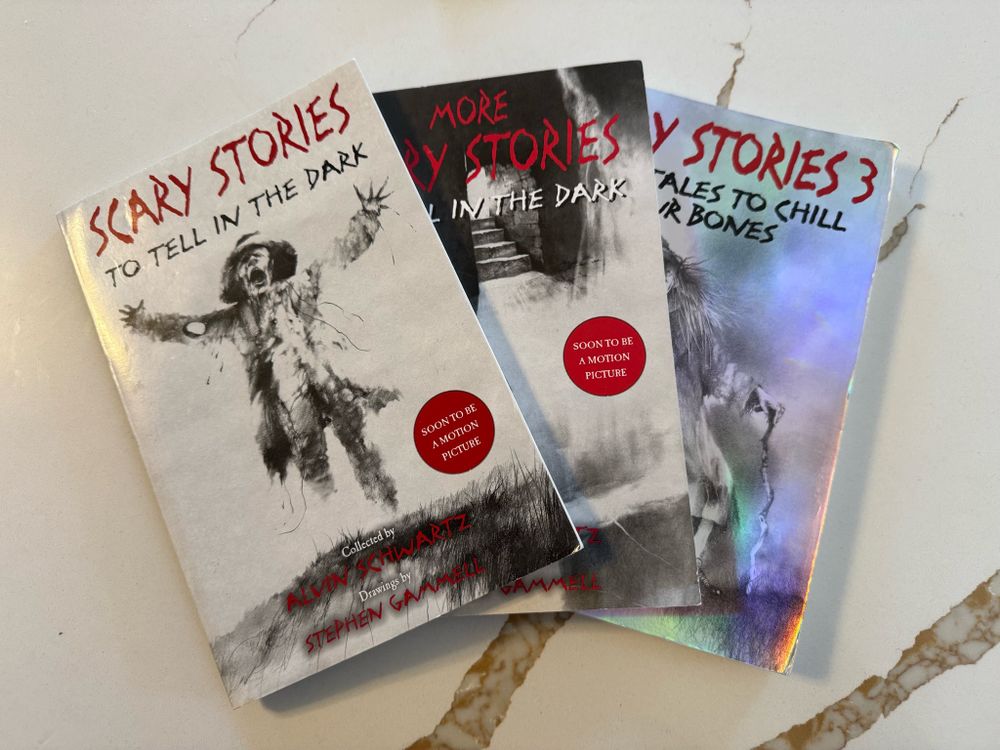Scary Stories To Tell In The Dark, More Scary Stories, and Scary Stories 3, with the original Stephen Gammell drawings