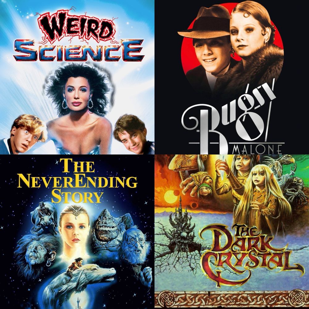 Posters for, weird science, bugsy malone, the never ending story (trauma) and the dark crystal 