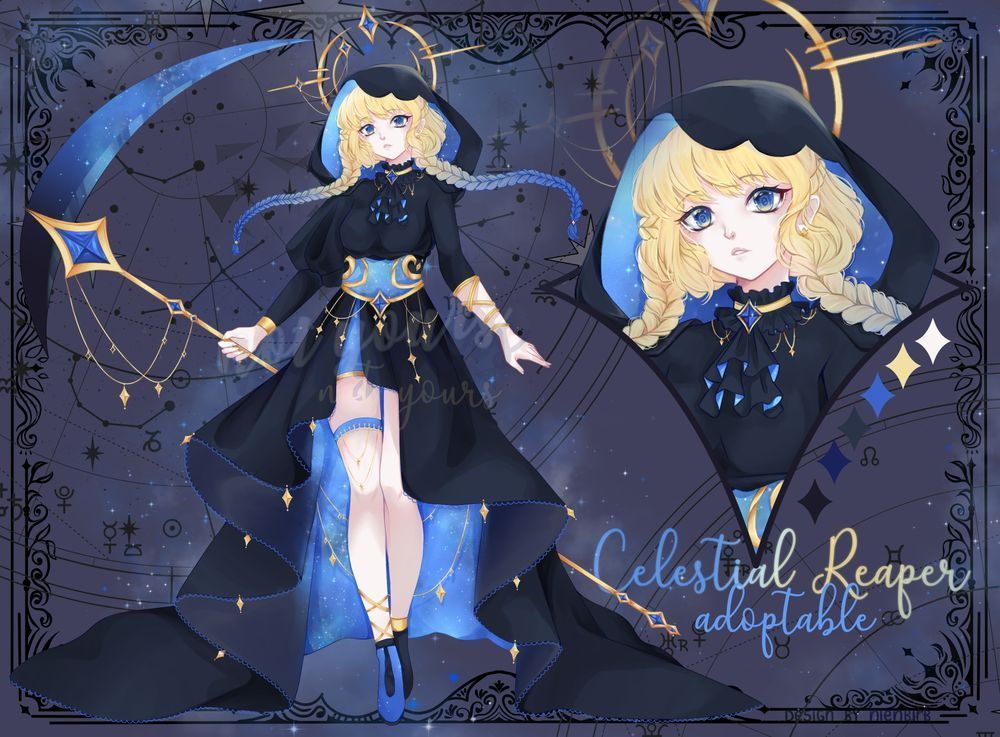 An anime style female girl character with design inspired by the night sky and a 