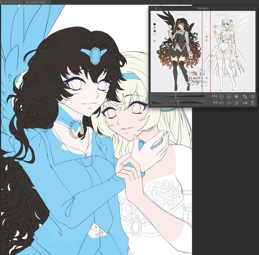 Screenshot of an art program with two canvases open. One shows an artwork which has nearly finished lineart and parts of the flat colour put down, while the smaller canvas on the top right shows the full designs of the two characters. 