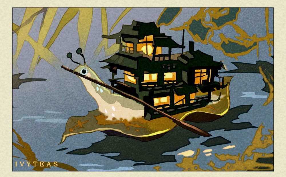 wooden-house snail perched upon leaf(boat) in water