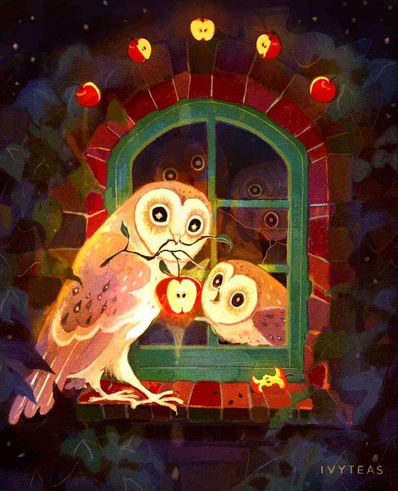 barn owl standing at a small window holding an apple branch, as other owls look on. above, the apple is represented as lunar cycle