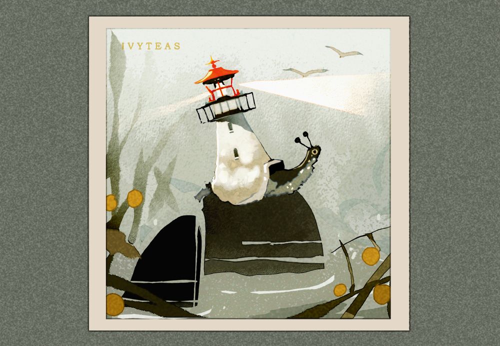 lighthouse snail upon rocks, gulls in the distance
