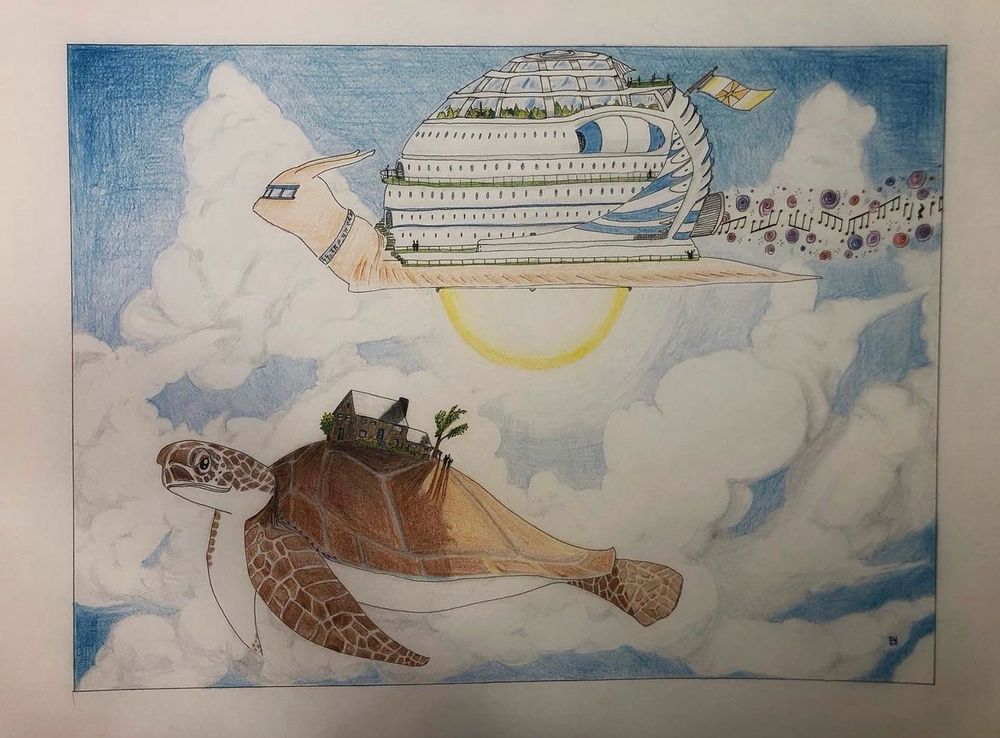 In the foreground, a sea turtle with a house and a couple of trees on its back flies from right to left. Two silhouetted figures near the house wave across to the passengers on the snail cruise ship that is flying by in the middle distance. clouds compose the background. The snail ship has a sun in its belly, and an arboretum under its top dome; it leaves a trail of exhaust that is music.