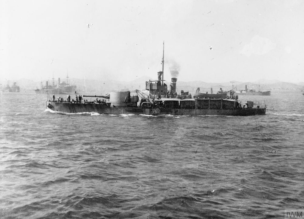 Coastal monitor HMS M.15 photographed at Mudros, 1916. Imperial War Museum image: SP 891.