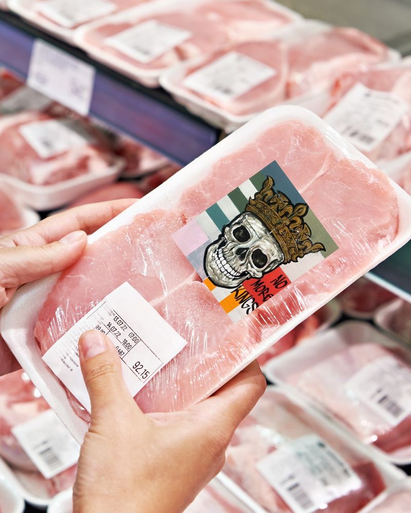 Artwork pop-art painting of a skull wearing a crown with No More Kings written on the image added to a package of uncooked meat. Original collab artwork from Hoey Xōchitl free to use under Creative Commons. 