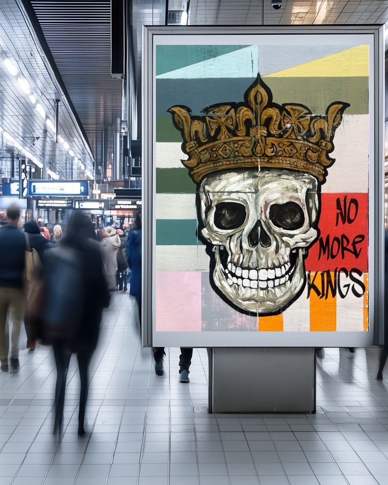 Artwork pop-art painting of a skull wearing a crown with No More Kings written on the image mocked up on a billboard. Original collab artwork from Hoey Xōchitl free to use under Creative Commons. 