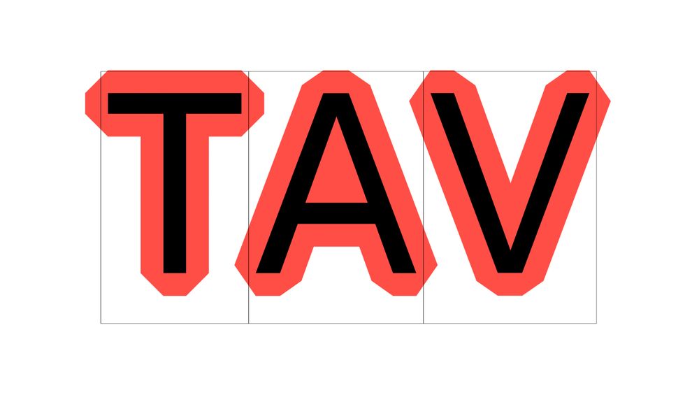 A Polygon bubble wrapper around each of the three letters «TAV»