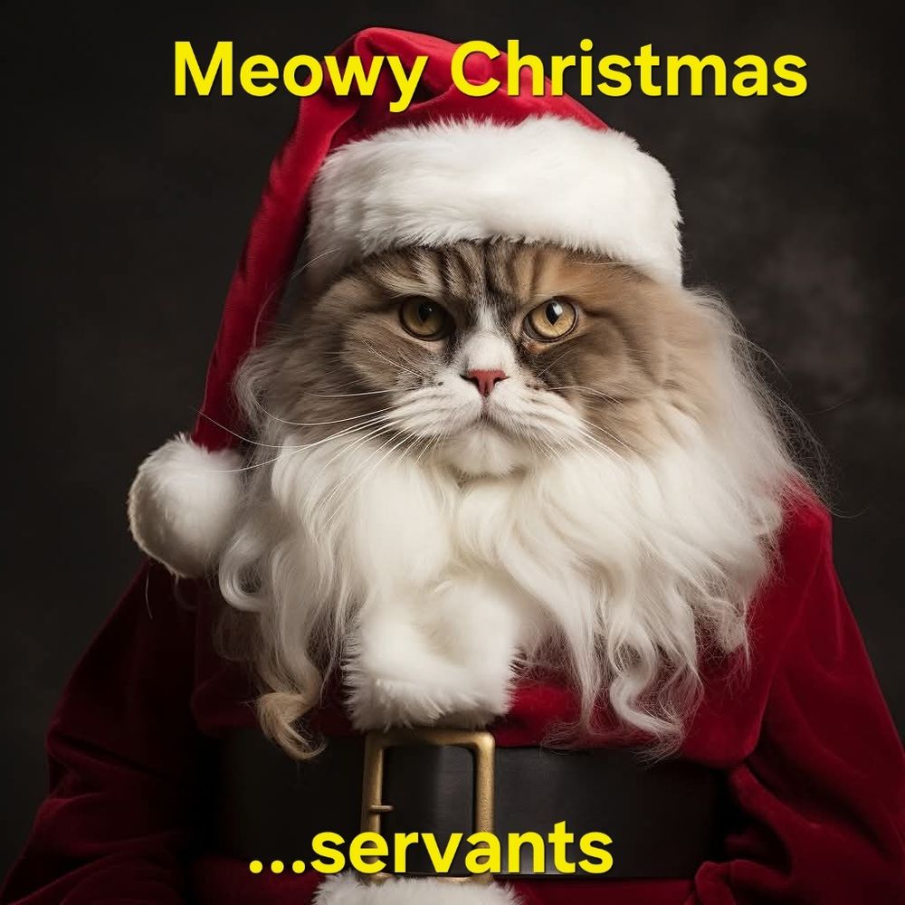 Fluffy cat in Santa suit with disgruntled look. Caption days "Meowy Christmas...servants"