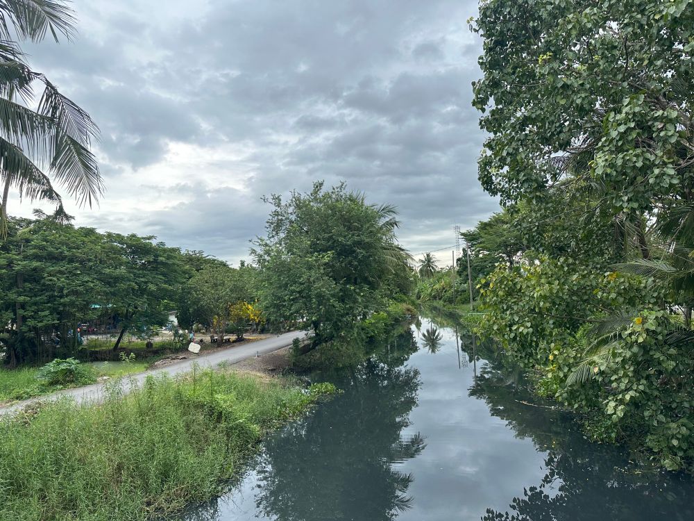 View from a bridge over a canal in greater bangkok. Both banks are lined with trees and there is a small road on the left bank. The sky is gloomy.