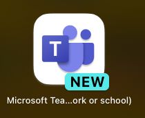 Screenshot of a portion of a mac window with the MS Teams icon showing that the new Microsoft Teams app is now called Microsoft Teams (work or school).  The text is truncated so it can't be read anyway.
