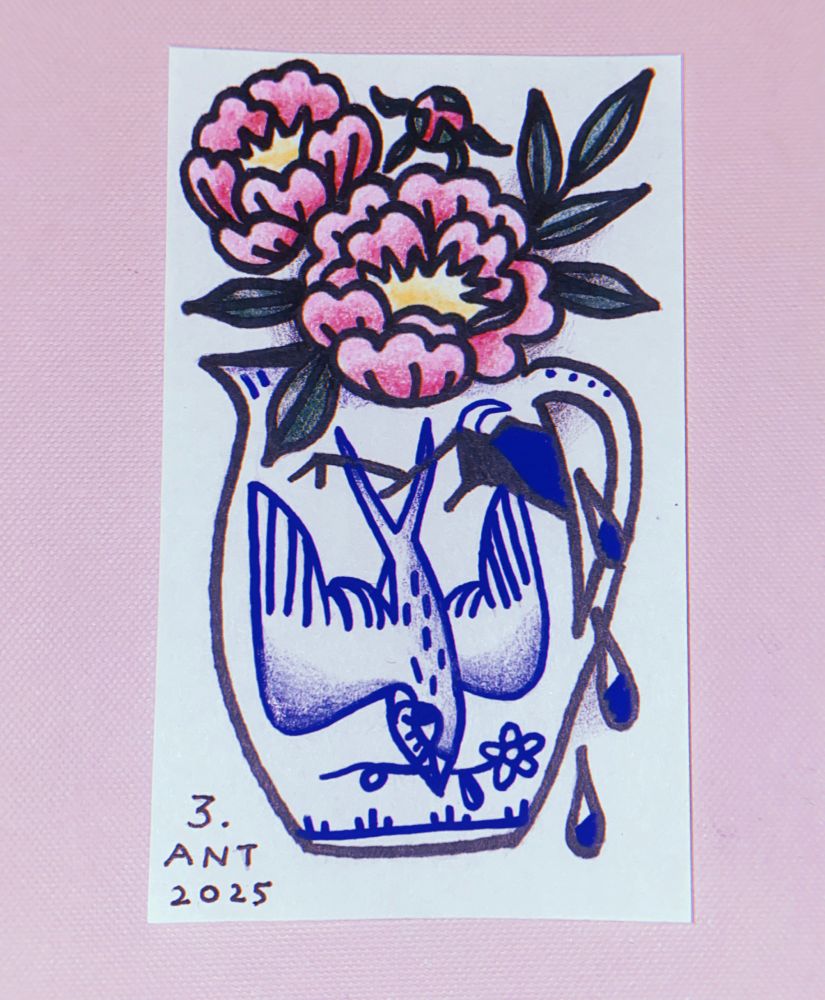 a photo of a drawing sitting on a pink surface. The drawing depicts a pitcher being used as a vase for three peonies in various stages of bloom. The pitcher is white with blue markings. On the side facing the viewer is a swallow holding a flower in its beak while diving down. There is a large crack across the decorative image, which obscures a wingtip and half a crescent moon. There are three drops of water falling from the crack. On the left side of the drawing is the artist’s signature “3.ANT” and the year 2025.