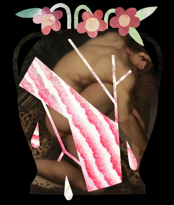 A collage that depicts a cracked decorative vase on a black backdrop. The image on the vase features a muscular man hunched over with a furrowed brow. Behind him is a leopard pelt. The vase has two handles. The broken part of the vase is made up of red and white ocean waves. There are three droplets falling from the cracks made up of the same red and white waves. The crack stretches across the man's body, effectively breaking him in half. Inside of the vase are three wilted red flowers.