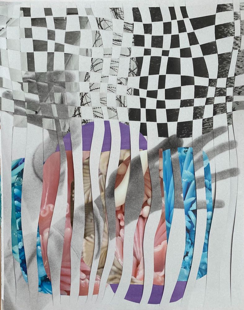 A photo of a collage. The collage features two hands, shaped as if playing a harp. Above one hand and across the other is woven into checkered pattern another piece of paper that shows barbed wire and moving water. Below and across the other hand is paper woven into a striped pattern. It shows various shapes of glasswork in trans flag colors, as well as spots of purple.
