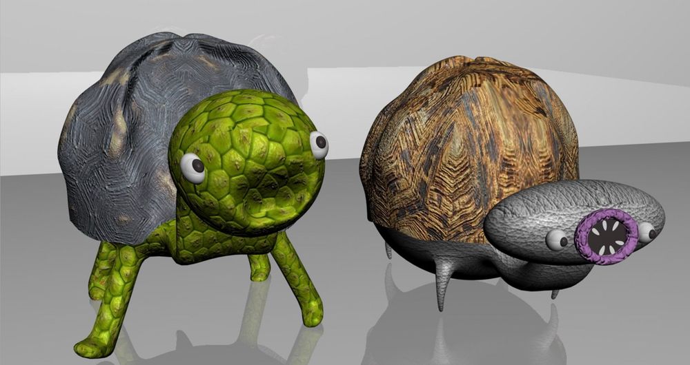 Front view of poorly made 3D models of tortoises. One's green with a gray shell and one's gray with a brown shell and purple lips. The green one has a dent where its mouth might be and the gray one has a lip ring that's purple with sharp teeth pointed inward like a cartoon leech or something.