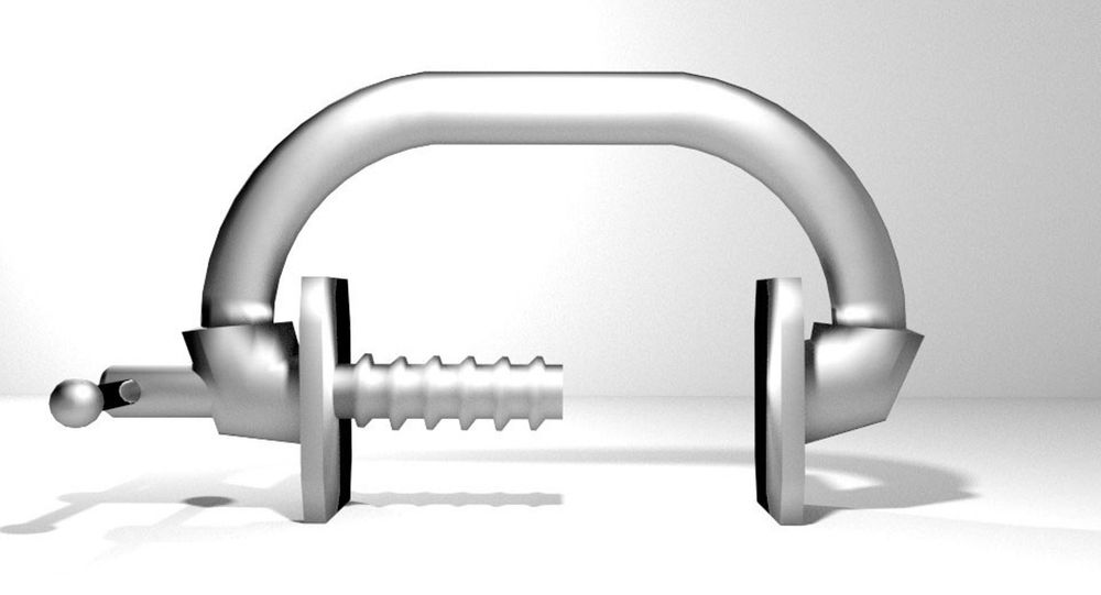 A poorly made 3D model of a C clamp. The details are all jagged from lack of geometry and there are some nasty shading errors, which could be a geometry error or simply a shading error cause by vertex normals being out of alignment or a lack of smoothing groups/proper phong angles.