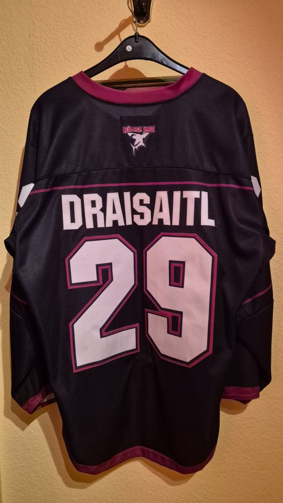 Die Rückseite eines Trikots der Kölner Haie mit der Nummer 29 und dem Namen Daisaitl drauf. 