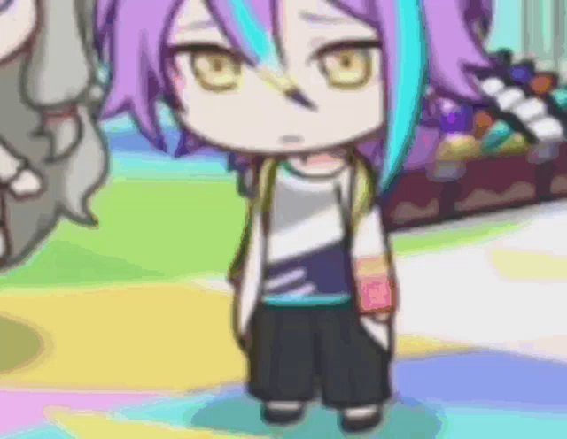 a cartoon character with purple hair and blue streaks is standing on a colorful surface .