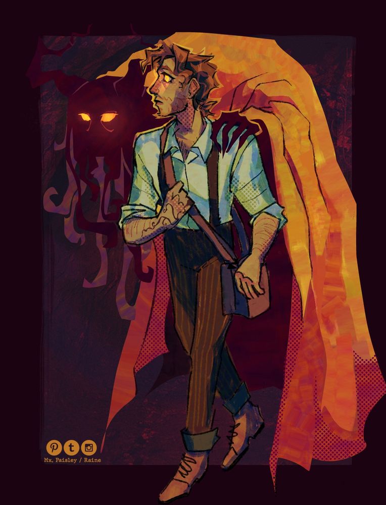 Image description: John Doe guides Arthur Lester inside a cave. John doe is a shadow creature with horns on his head, tentacle-like hair, and glowing warm yellow eyes and coat. His one hand is on Arthur's shoulder. Arthur lester has his irisis glowing yellow and he seems to be looking far off camera. Arthur wears a dress shirt, pinstripe pants and is holding a messenger bag tightly. He is missing his coat and tie. He also had grown a beard and longer hair, maybe he's been lost for a long time now.