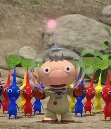 a cartoon character with a helmet on stands in front of a bunch of colorful piggies