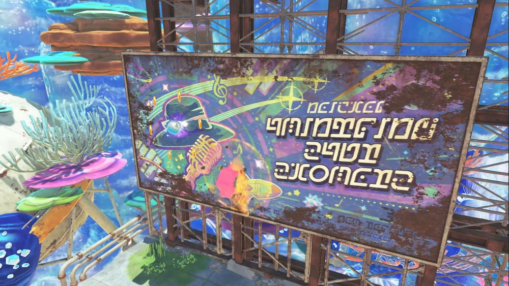 A screenshot from Kirby and the Forgotten Land: Nintendo Switch 2 Edition + Star-Crossed World, depicting the new Gear-Mouth Kirby latched onto a billboard advertisement