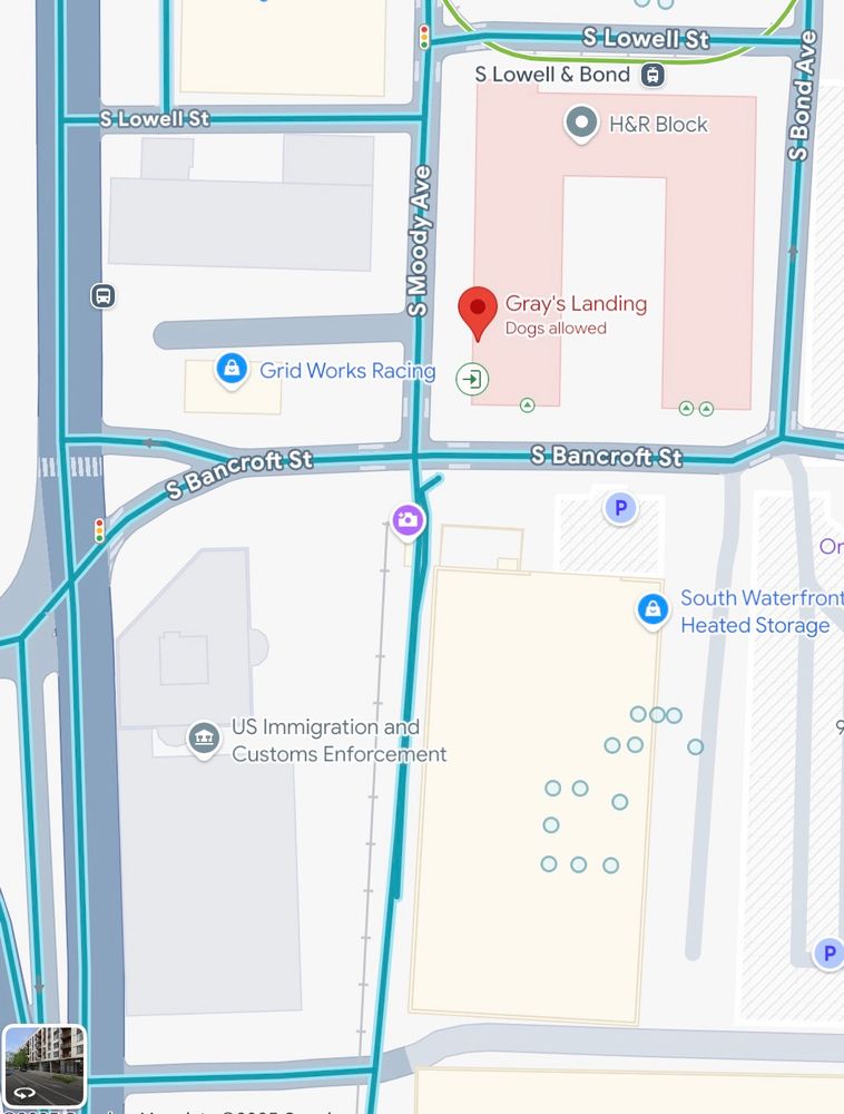 Map of Portland street intersection showing Grays Landing and ICE facility
