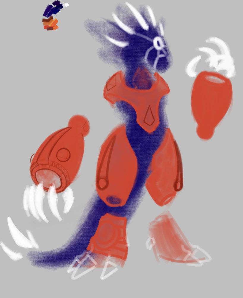 unfinished design of an featureless bipedal creature seemingly made of cosmic smoke, hard light horns floating off their tail and head. their chest is wrapped in orange metal armor with unfinished drown detailing, as are their hips. their arms and feet float disconnected from the main body made of the same orange metal, and the fingers are also hard white light floating shapes.