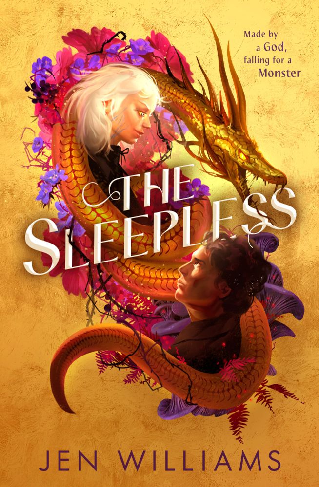 The UK cover of The Sleepless, which features a young man and woman entwined in the coils of a golden serpent, surrounded by strange flowers and fungi. 