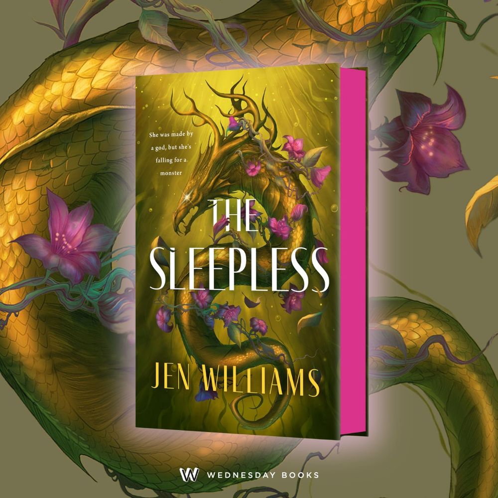 The US cover of The Sleepless, featuring a golden serpent and pink and purple flowers. The edges are bright pink. 