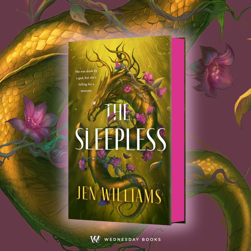 The cover of The Sleepless by Jen Williams, which features a giant golden serpent entwined with pink flowers and pink sprayed edges 