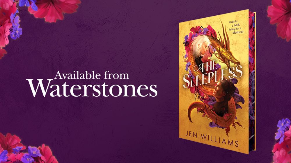 The delicious hardback waterstones edition (signed by me! with illustrated endpapers! A gorgeous map!) against a purple background with flowers. The caption reads 'Available from Waterstones' 