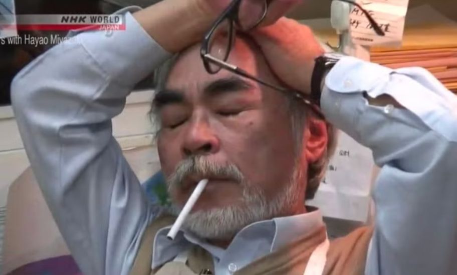 Hayao Miyazaki looking done with life, while smoking 