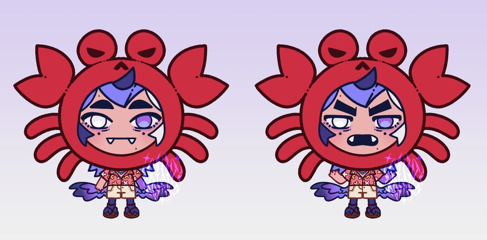Two cartoony drawings of vtuber King @Crowyasumi wearing an outfit from the game Peak consisting of a floral button up, cargo shorts, sandals, and a hood shaped like a crab. In one image he has a blank expression with his hands at his sides. In the other he has his arms up, in a mildly angry expression with his mouth open.