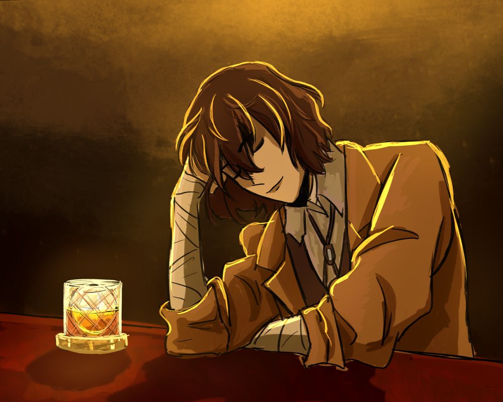 a drawing of dazai osamu from bungo stray dogs sitting at a table with a glass of an alchoholic beverage. he is leaning his head onto his hand with his eyes closed and a pleasant expression. 