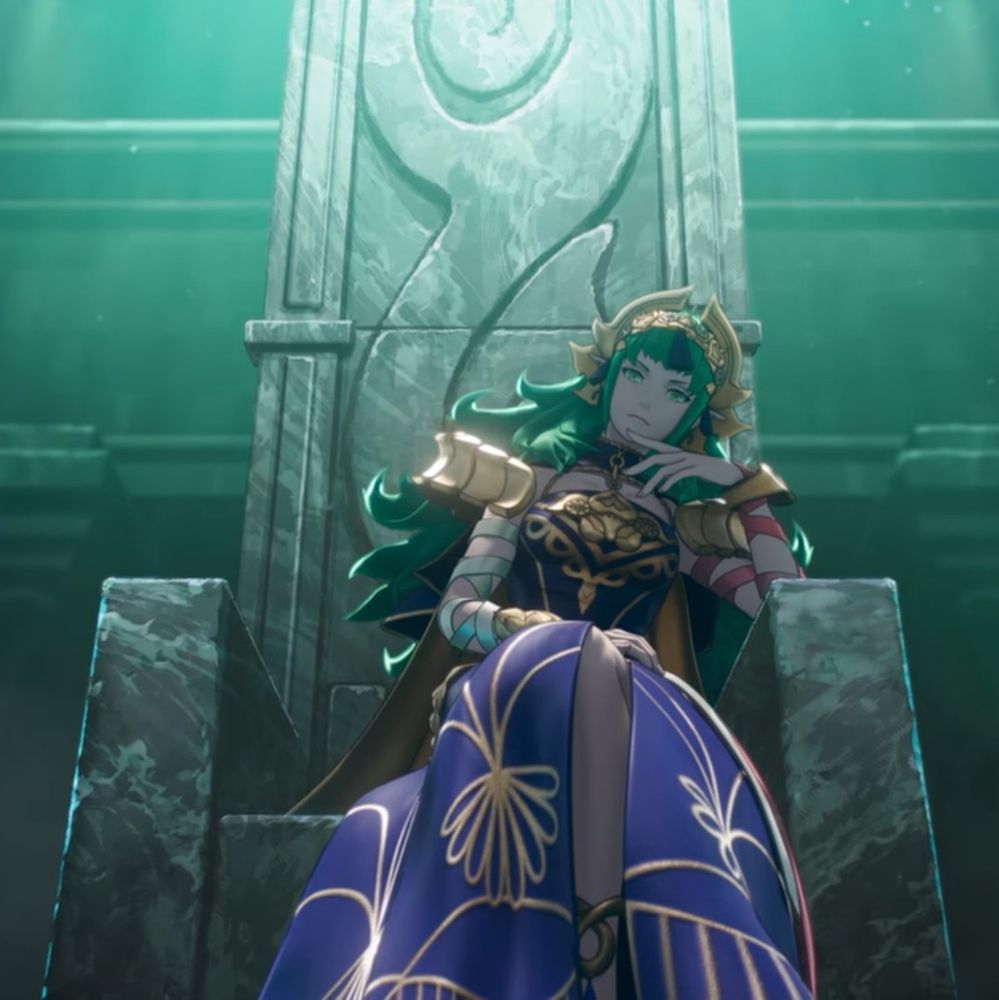 sothis from fire emblem sitting on her throne with her head resting on one hand. she appears much older than her design in fire emblem three houses