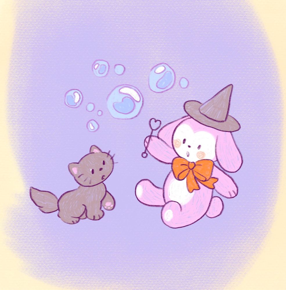 Digital illustration of a cartoon black cat and a pink and white lop-eared bunny wearing a giant orange bow and a witch hat. The bunny is performing “magic” on some bubbles with a heart bubble wand. The black cat looks on with anticipation, with one paw up and pink toe beans exposed.