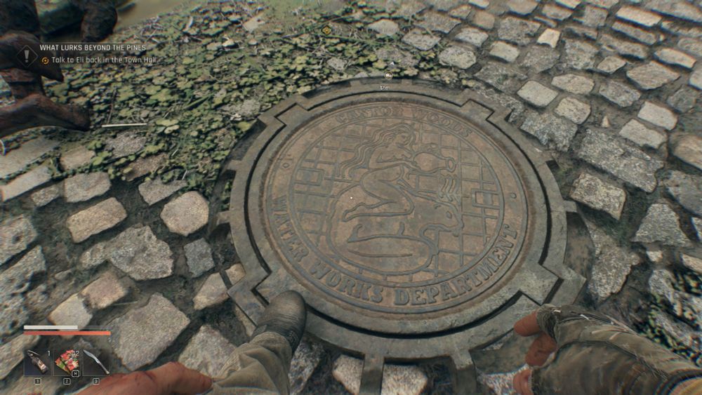 A screenshot from Dying Light: The Beast, showing a manhole cover that has a symbol of Castor Falls's — the game's town setting — waterworks department, depicting a naked woman with a water pitcher riding a large beaver.
