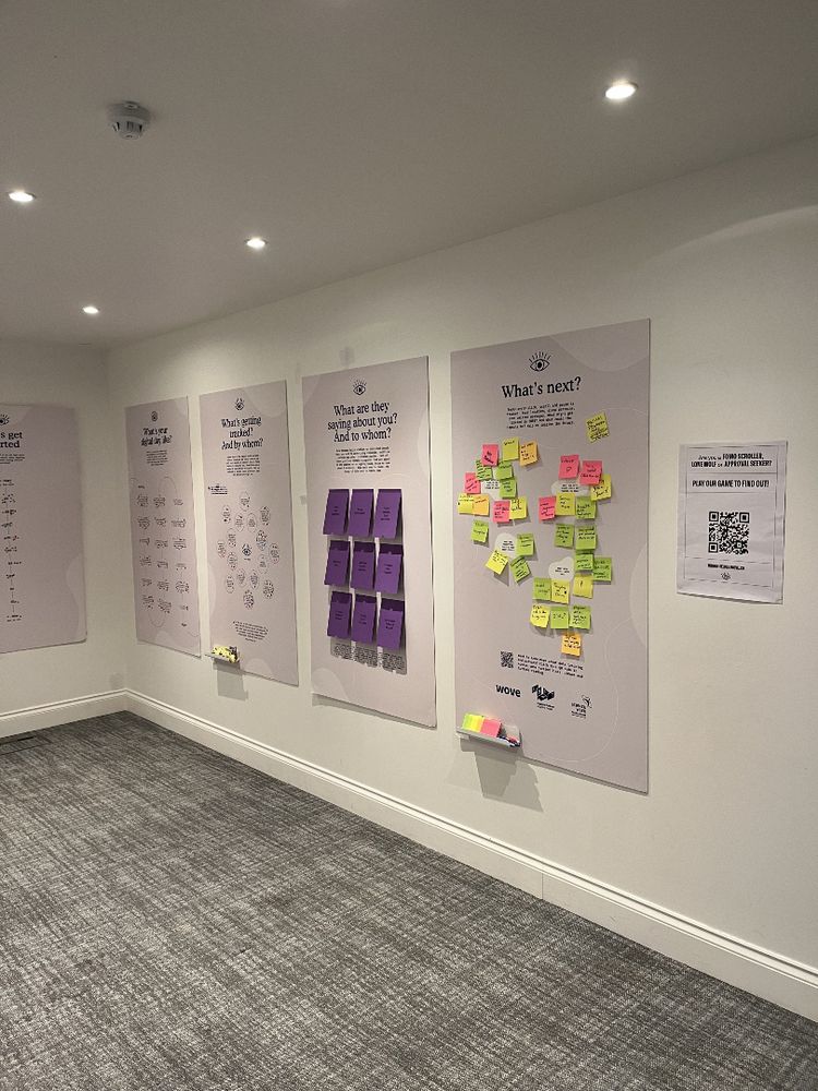 A wall features posters covered with colourful sticky notes for brainstorming, titled "What's next?" and "What's the story? And "to whom?"