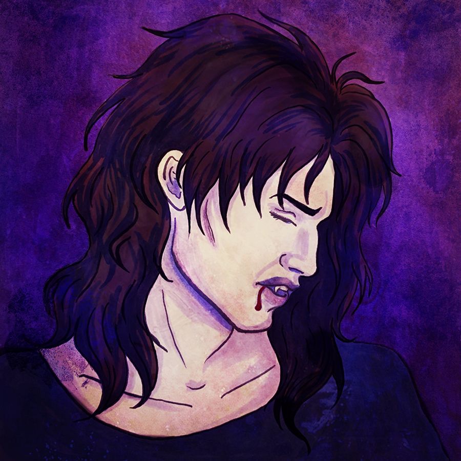 A marker drawing of a vampire with long dark hair styled in an 80s haircut. 