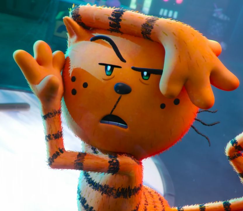 Petey the cat from Dog Man, an anthropomorphic orange cat with stripes, hitting the POSE!
with his hands around his head and with his left eyebrow raised