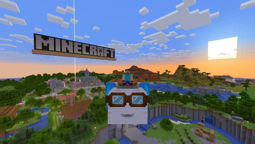 Player riding a happy ghast in a Minecraft world with a sunrise over a Scottish town in the background.