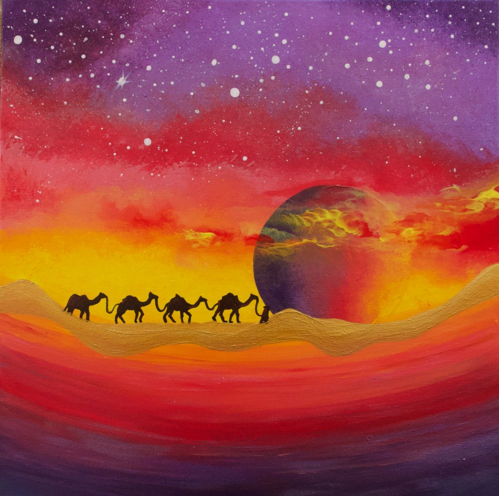 ‘A Desert Stroll’: A silhouetted man and four camels are in the middle of the picture in front of a red moon. The rest of the picture is reds & oranges. 