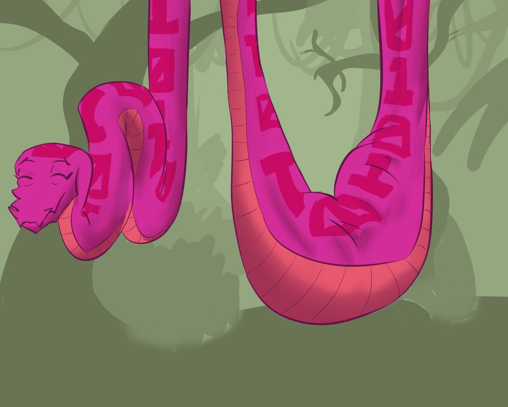 Scriptr the snake showing off a sizable bulge with a satisfied expression.