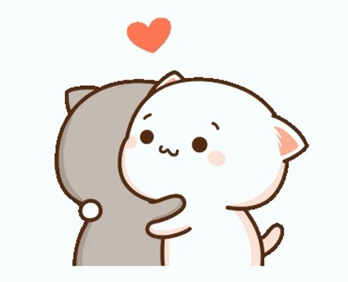 a cartoon cat is hugging another cat with a heart above them