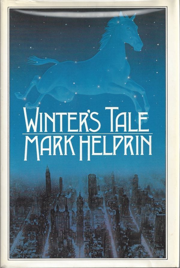 Cover of Mark Helprin's book. It shows NYC, with a white horse in the sky, outlined by stars, like a constellation.