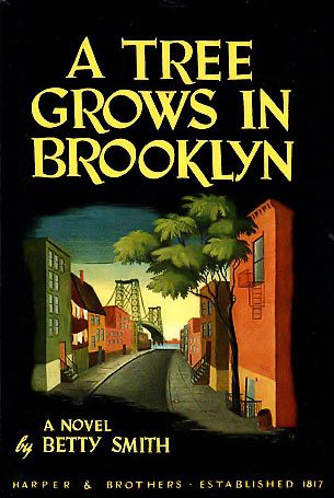 Cover of A Tree Grows in Brooklyn by Betty Smith, showing skyline a drawing a Brooklyn, with the bridge in the background.