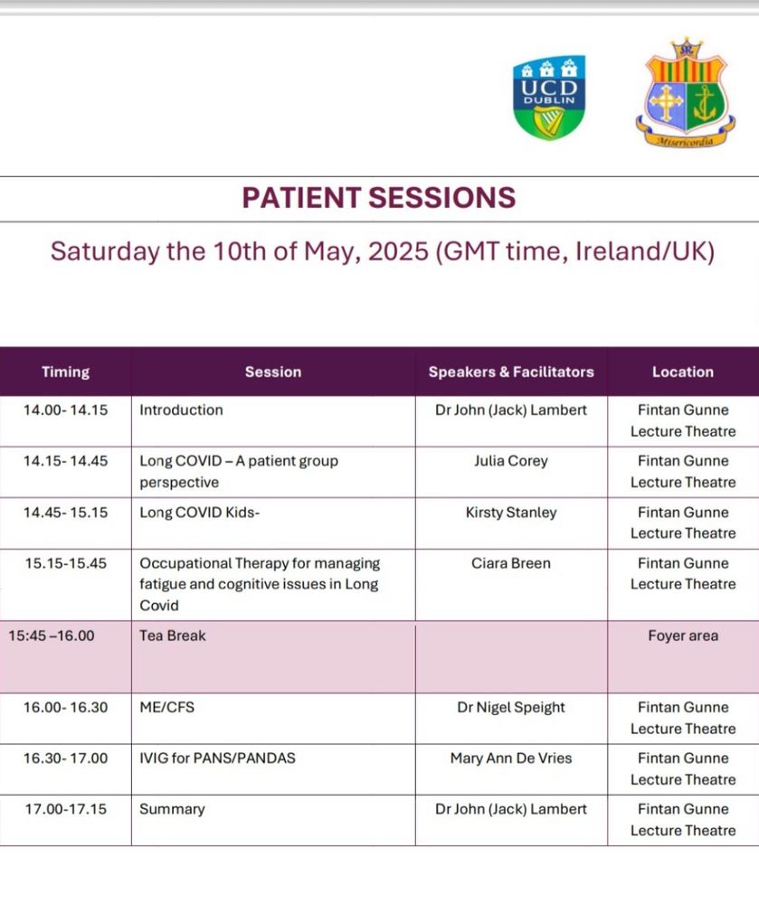 Schedule of Long Covid conference 10 May 2025 Dublin